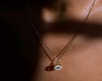Collier mauvais œil en or, délicat collier de protection, pendentif zircon bleu, superposition de collier, cadeau pour elle, collier à breloques en or