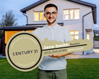 May include: A person holding a large key with the text "Jane Smith Realtor (012)-345-6789 @century21" and a circular logo that says "DON'T SETTLE FOR AVERAGE CENTURY 21. CENTURY21.COM".