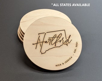 Hartford Connecticut - Custom Map Coasters - State Shape Coasters - Personalized Coaster Set - Engraved Wood Coasters