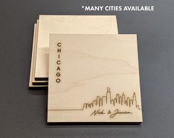 Chicago Illinois - Coasters de carte personnalisés - State Shape Coasters - Ensemble de sous-verres personnalisés - Sous-verres en bois gravé