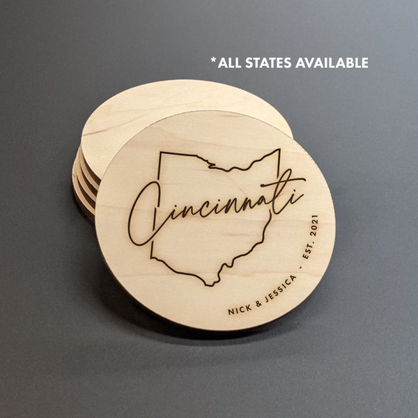 Cincinnati Ohio - Custom Map Coasters - State Shape Coasters - Personalized Coaster Set - Engraved Wood Coasters