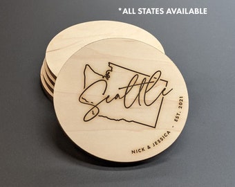 Seattle Washington - Custom Map Coasters - State Shape Coasters - Personalized Coaster Set - Engraved Wood Coasters
