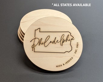 Philadelphia Pennsylvania - Custom Map Coasters - State Shape Coasters - Personalized Coaster Set - Engraved Wood Coasters