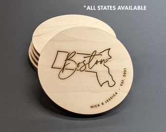 Boston Massachusetts - Custom Map Coasters - State Shape Coasters - Personalized Coaster Set - Engraved Wood Coasters