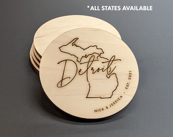 Detroit Michigan - Custom Map Coasters - State Shape Coasters - Personalized Coaster Set - Engraved Wood Coasters