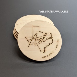 Austin Texas - Custom Map Coasters - State Shape Coasters - Personalized Coaster Set - Engraved Wood Coasters