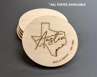 Austin Texas - Coasters de carte personnalisés - State Shape Coasters - Ensemble de sous-verres personnalisés - Sous-verres en bois gravé