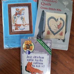 Small embroidery kits, choice, vintage, counted cross stitch, crewel, cats, caffeine, rocking horse