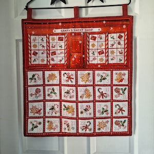 Santa&#39;s Sweet Shop, Quilted Advent Calendar, Christmas, Wall Hanging, pockets, child, pet, candy canes, gingerbread, numerical order