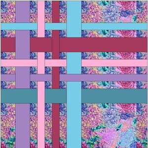 May include: A quilt block design with a woven pattern of pink, purple, blue, and red stripes on a background of a floral print in shades of pink, purple, and blue.