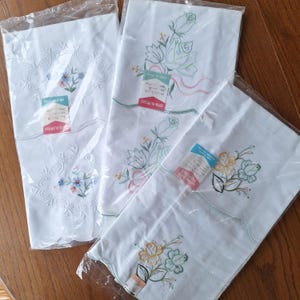 Vintage, cotton Pillow Cases, Embroidered, Pair, White,  green flowers, cutwork, blue, pink, your choice, made in China,