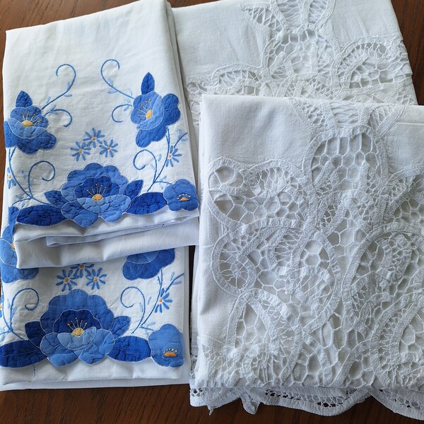 Pillow Case Pairs, pillow shams, vintage, embroidered, choice, large white cutwork, blue applique flowers