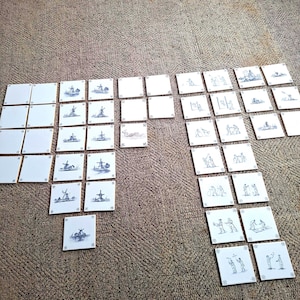 Reproduction Delft tiles, sold in sets, choice, blank, windmills, children playing, red