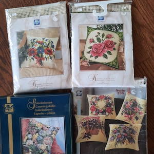 DIY pillow top kits from Vervaco, Verachtert, cross stitch, half cross stitch, 16 inch square,choice,pink roses,blue red bouquet,pink purple