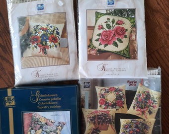 DIY pillow top kits from Vervaco, Verachtert, cross stitch, half cross stitch, 16 inch square,choice,pink roses,blue red bouquet,pink purple