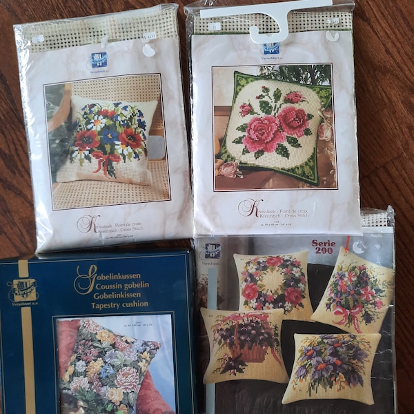 DIY pillow top kits from Vervaco, Verachtert, cross stitch, half cross stitch, 16 inch square,choice,pink roses,blue red bouquet,pink purple