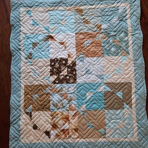 Lap quilt, baby quilt, mint, turquoise, beige, brown, minky backing
