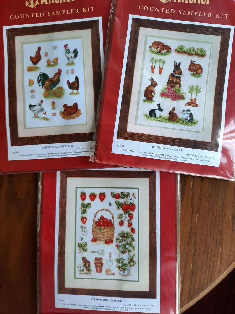 Sampler Counted Cross Stitch Kits From Anchor, Rabbit Run, Chicken Run,  Strawberry, PSC48, PSC49, PSC50 