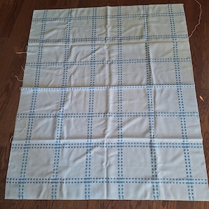 Afghan embroidery cloth, natural with blue, 48 x 56, 30 squares