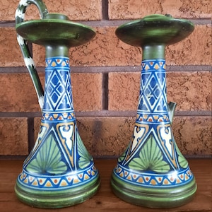 Gouda, Vintage Dutch Pottery, Damaged, Candlestick pair, MATAPAN, plateelbakkerij,  Zuid Holland, c1920