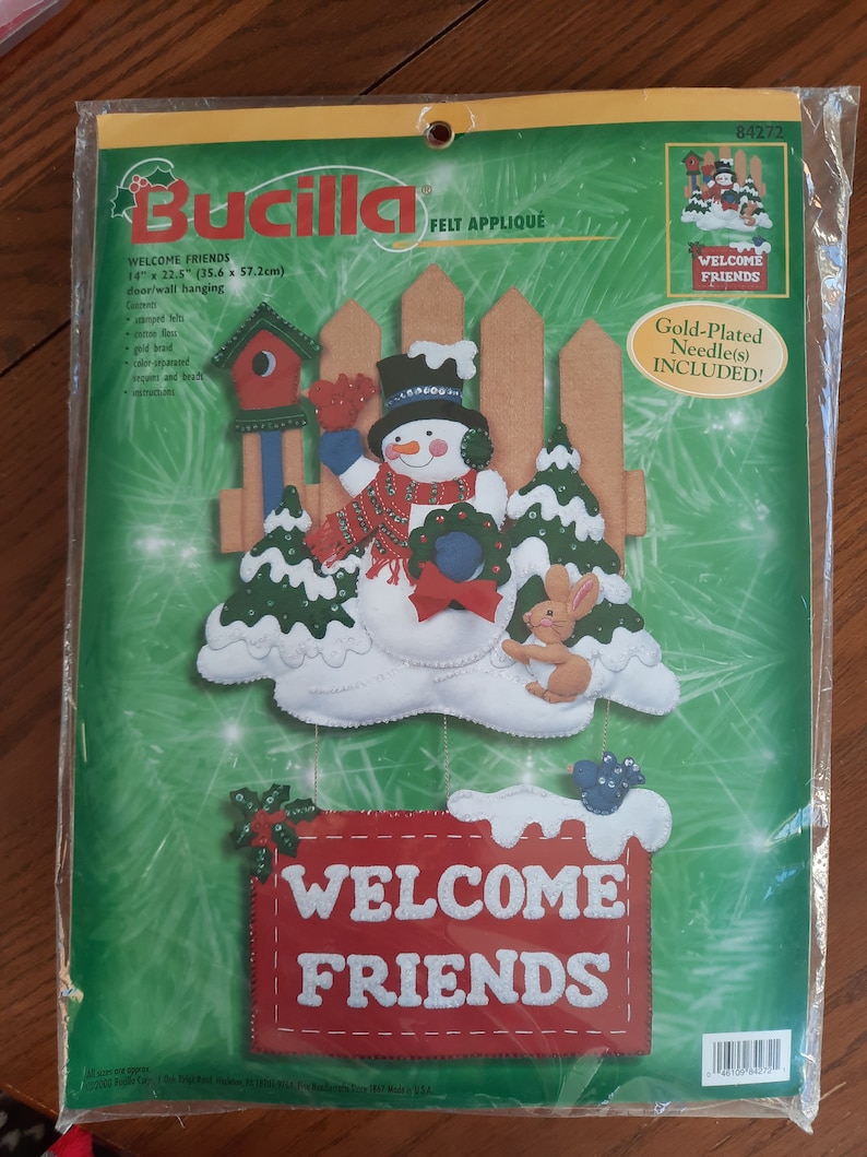 CLEARANCE Bucilla Felt Applique Door or wall hanging, Welcome Friends, snowman, 84272 image 1