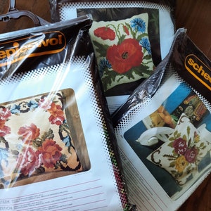 Floral Scheepjes Cushion Cover Kits, cross stitch embroidery kit, needlepoint, vintage, pillow cover, flowers, rose, poppy, your choice
