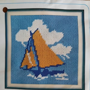 Needlepoint sailboat counted cross stitch kit, vintage, nautical needlepoint, Down-East crafts