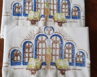 Religious Pillow Case Pair, vintage, embroidered, full size, standard, open book, altar