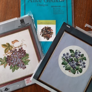Fruit and flower counted cross stitch patterns, choice, Oehlenschlager, Alice Godkin, grapes, African violets