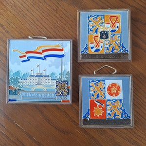 Set of 3, Vintage,Dutch, Westraven, Utrecht, Tile, Cloisonne, tube lined, New Joy, Princess Irene, Juliana, Bernhard, family crest