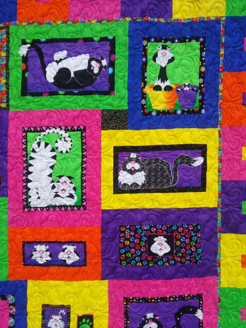 Twin quilt large lap bright cat colorful cat lover Etsy