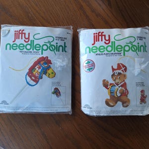 May include: Two Jiffy Needlepoint kits, one featuring a patchwork pony and the other a jingles plays drummer. Both kits are 3-D ornaments stitched both front and back.