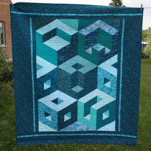 Turquoise Cubic Designer Modern Lap Quilt, OOAK, man quilt, throw quilt, living room decor