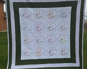 Hand Embroidered Ladies, Queen Quilt, vintage fabric, green backing