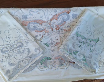 Queen Sheet and 2 Pillow Cases, silver grey embroidery, cutwork