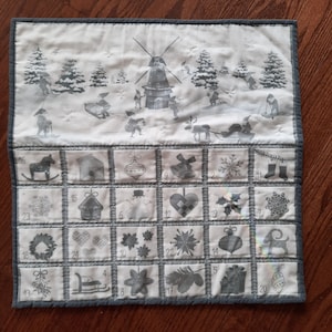 Quilted Advent Calendar, Christmas, Wall Hanging, pockets, child, pet, silver, elves, windmill