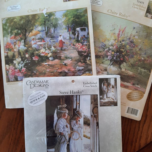 Candamar Designs Embellished cross stitch kits,choice,Claire Ruby,Field Flowers 51455,Coach for Hire 51453, Steve Hanks, Little Angels 51315