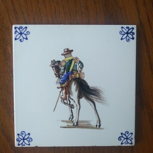 Vintage, Delft, Blauw, Plakette, Fliese, Untersetzer, holländisches Paar, Mann zu Pferd