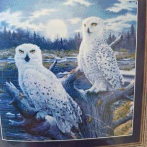 May include: Two white snowy owls perched on branches in a snowy forest setting. The owls have yellow eyes and are facing different directions. The background is a blue and white sky with a full moon.