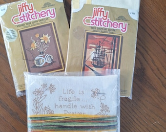 Jiffy Stitchery, small crewel embroidery kits, choice, Indian Vase with Thistles, Tall Ships at Sunset, Life is Fragile Handle with Prayer