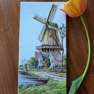 Pair, Vintage, Delft, Tiles, windmill, polychrome