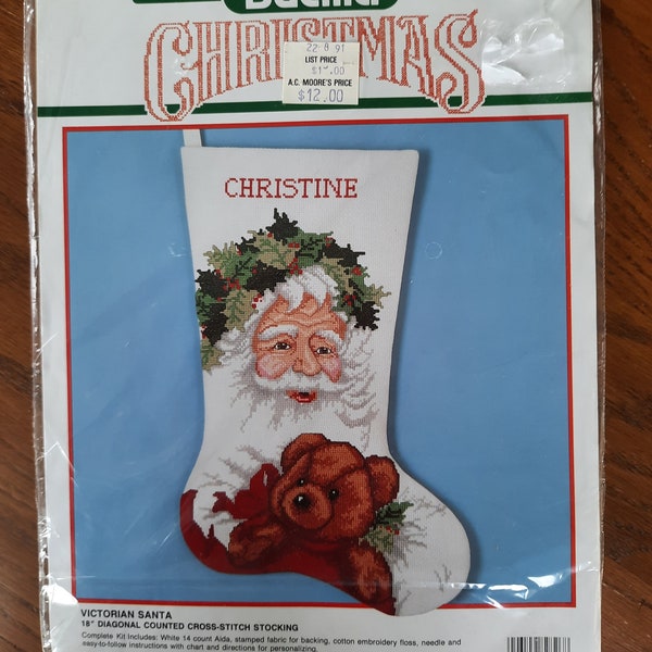Christmas Stocking, Counted cross stitch kits, vintage, choice, Bucilla Victorian Santa,  Dimensions, Jolly Animals