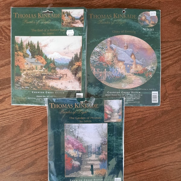 Thomas Kinkade counted cross stitch kits, Candamar Designs, choice, End of a Perfect Day, Glory of Evening, Garden of Promise