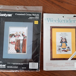CLEARANCE Fun counted cross stitch kits,vintage,janlynn,Americow Gothic,Cathy the Cook,Weekenders,Cook Needs a Kiss, Cathy Guisewite, sealed