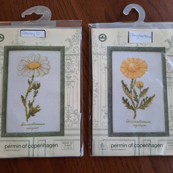 Flower, Permin of Copenhagen counted cross stitch kits, choice Chrysanthemum 138436, Daisy 138437, embroidery kit, needlepoint, vintage