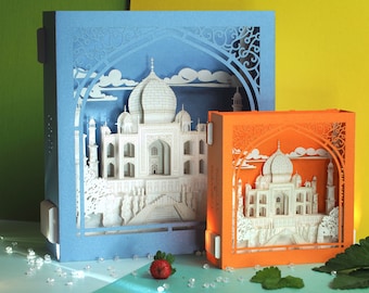 Taj Mahal. Paper miniature. India Agra Crown of the Palace mausoleum. Pop up craft art object. Indian style decor. Architecture model Hindu
