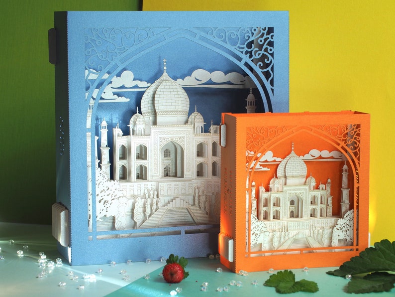 Taj Mahal. Miniature en papier. Inde Agra Couronne du mausolée du Palais. Objet d'art artisanal pop-up. Décoration de style indien. Modèle d'architecture hindoue image 1