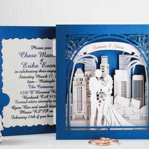 Los Angeles Landmarks Skylines. Save the Date Wedding pop up cards Personalized paper box. Bride Groom figures. RSVP inserts customization image 4