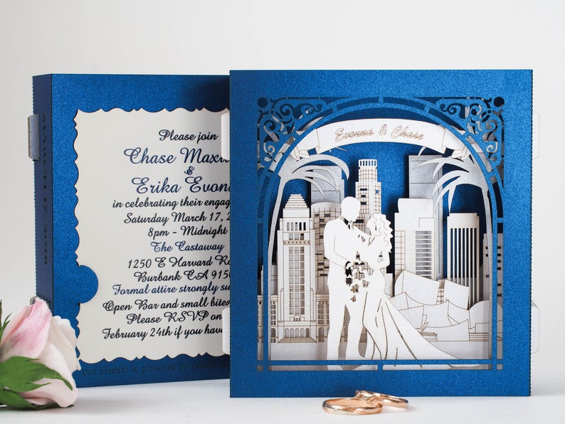 Los Angeles Landmarks Skylines. Save the Date Wedding pop up cards Personalized paper box. Bride Groom figures. RSVP inserts customization image 4