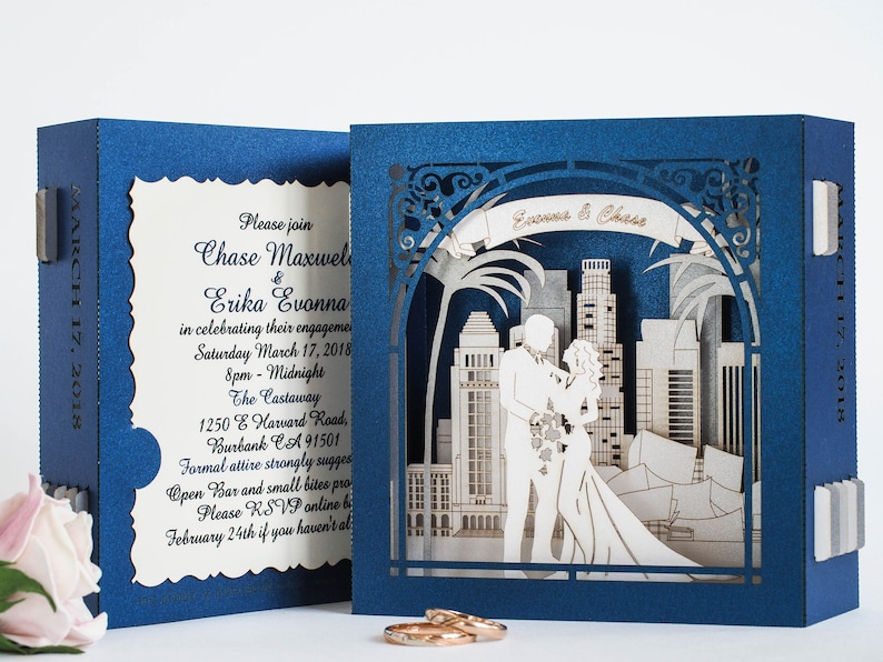 Los Angeles Landmarks Skylines. Save the Date Wedding pop up cards Personalized paper box. Bride Groom figures. RSVP inserts customization image 3